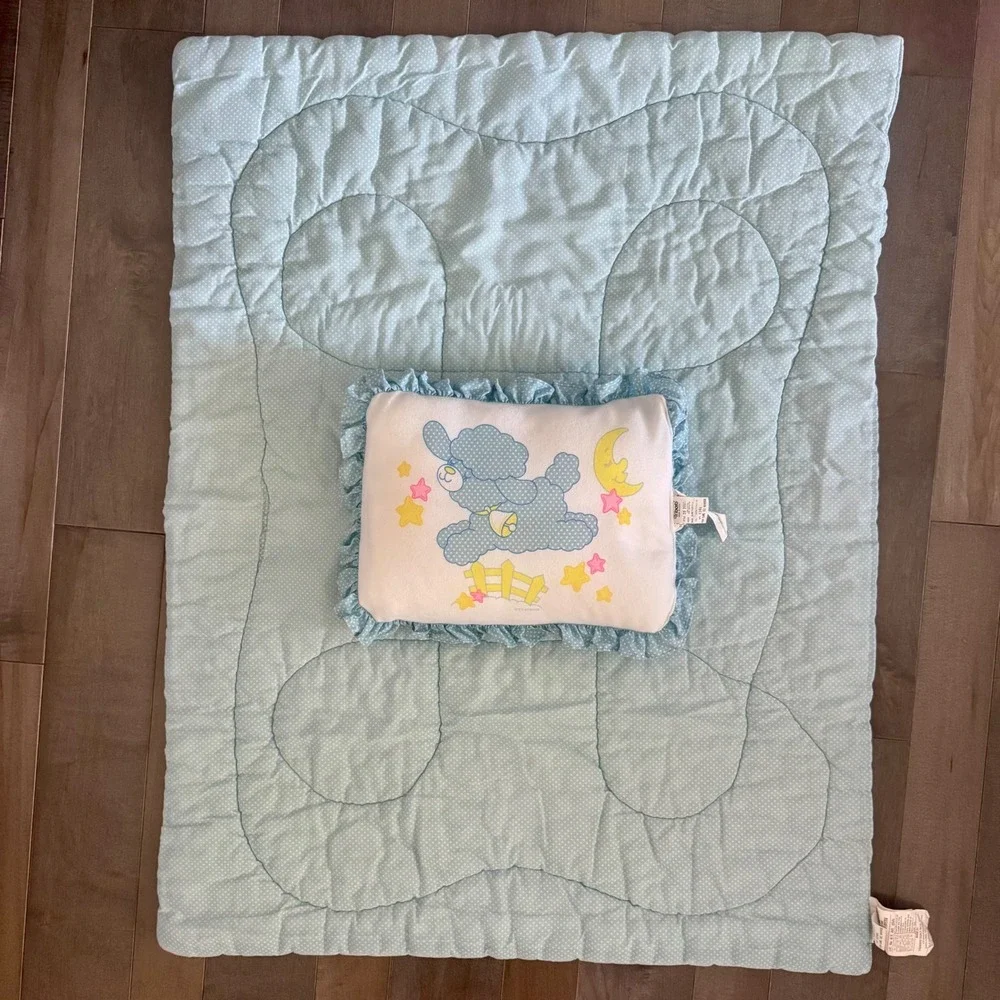 Vintage Triboro Baby Quilt and Ruffle Pillow Set Blue Polka Dot Poodle Made USA